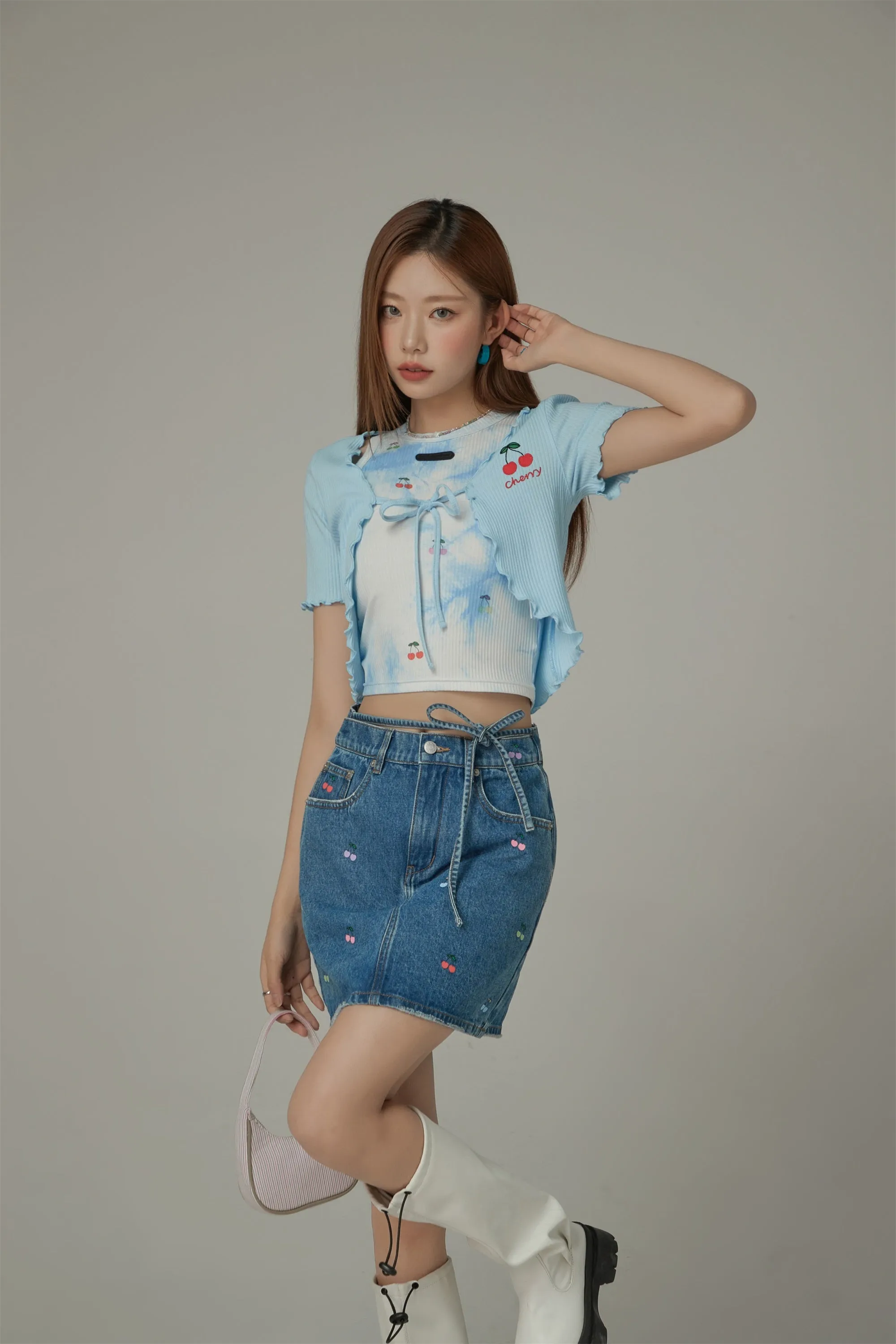 Cherry Ribbon Short Sleeve Frilly Bolero Cardigan