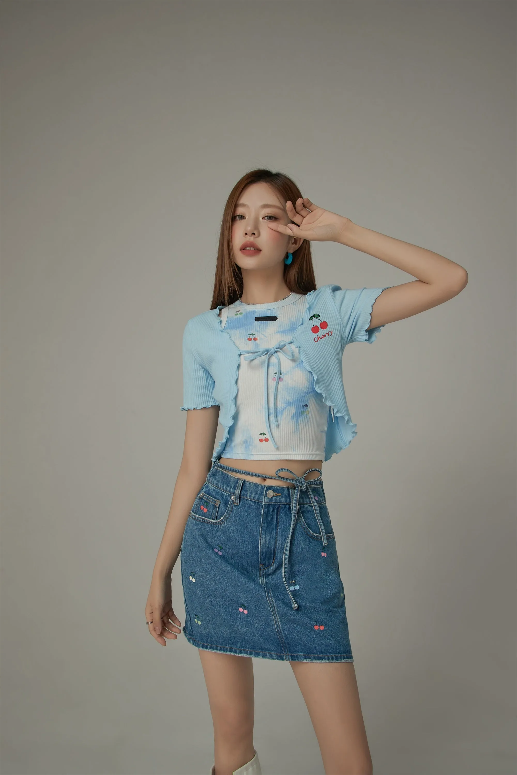 Cherry Ribbon Short Sleeve Frilly Bolero Cardigan