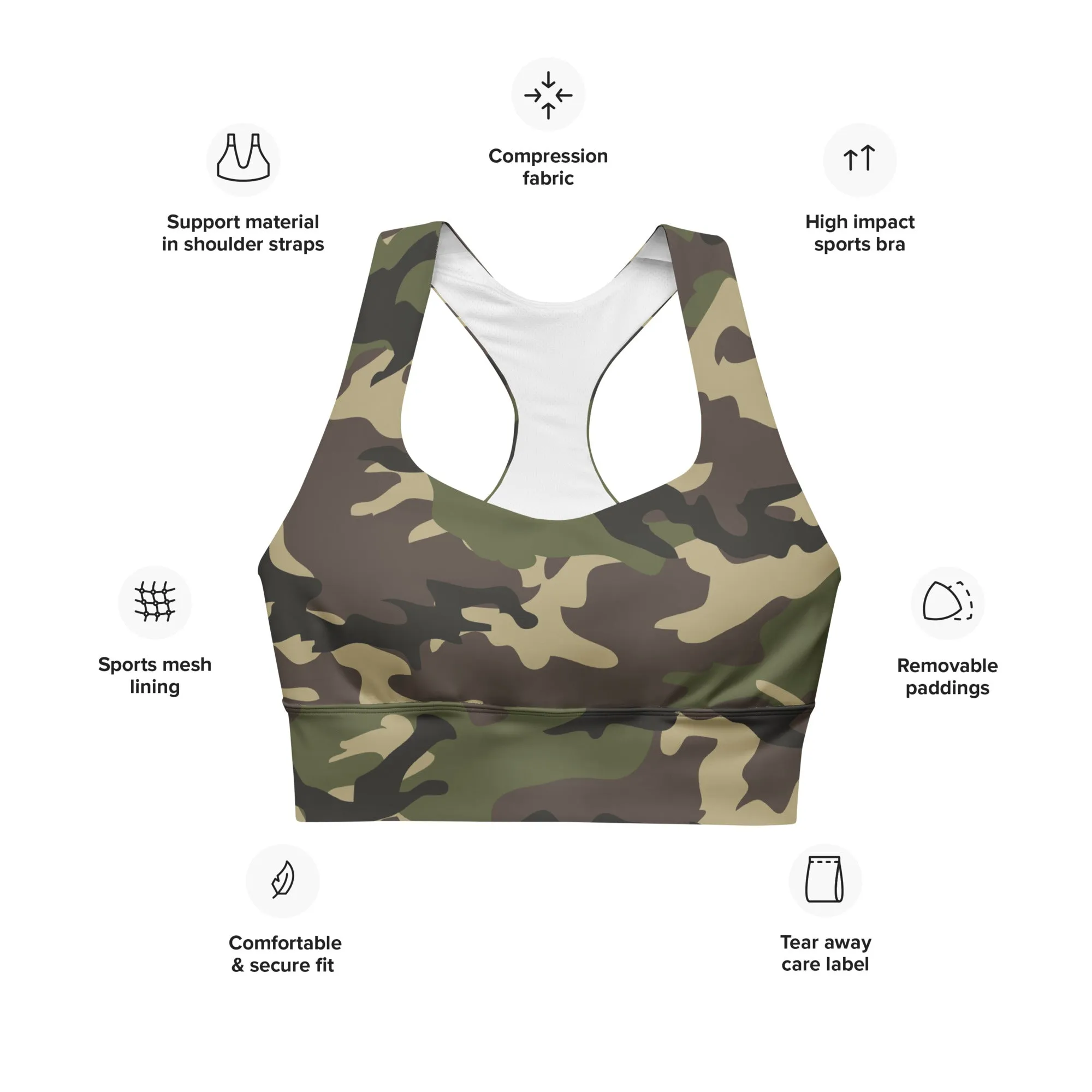 Classic Green Camo print Long-Line Sports Bra