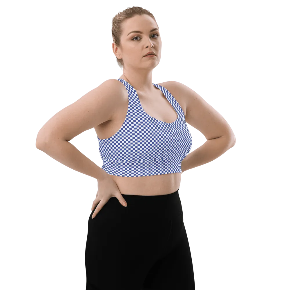 FYD Long-line Sports Bra in blue & white check