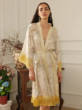 Gold Eastern Floral Vase Kimono Robe with Pockets