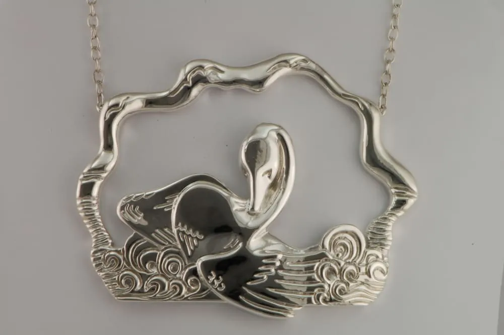 Swan Necklace: Large sterling silver pendant with long chain